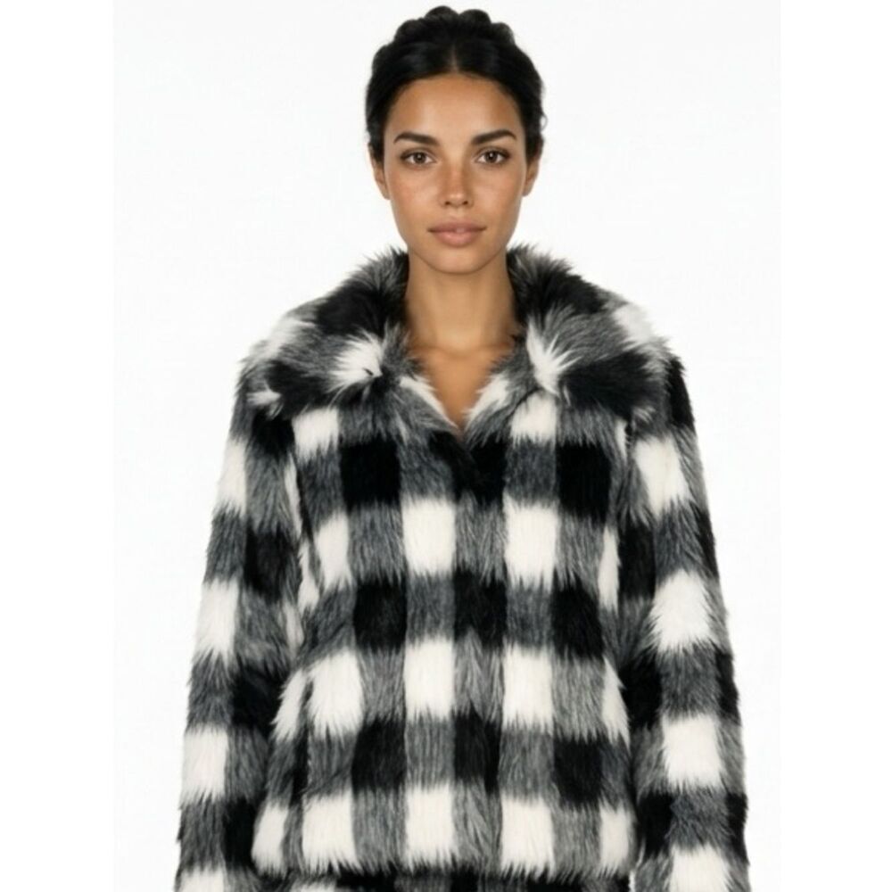 ANTHROPOLOGIE | DYLAN Plaid Cream & Black Furry Jacket Coat Women’s Size Large